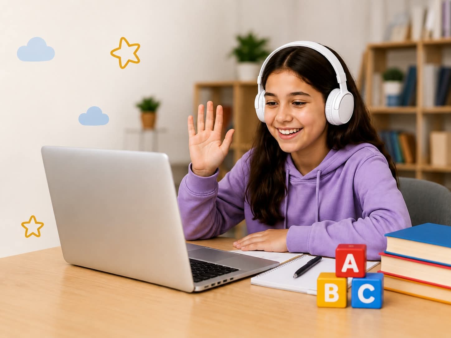 School student in an online English support session